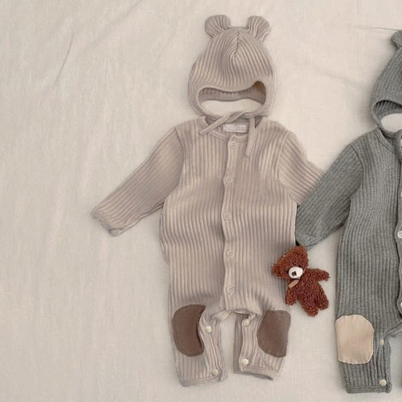 長袖ロンパース リブ編みひざパッチ長袖ロンパース+くま耳帽子 2点セット【mh0011137】