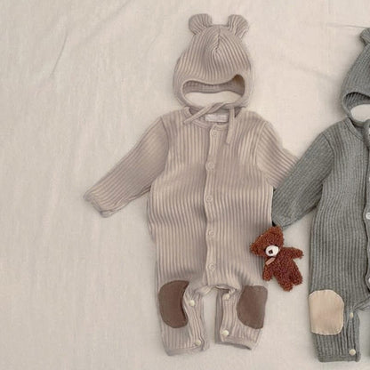 長袖ロンパース リブ編みひざパッチ長袖ロンパース+くま耳帽子 2点セット【mh0011137】