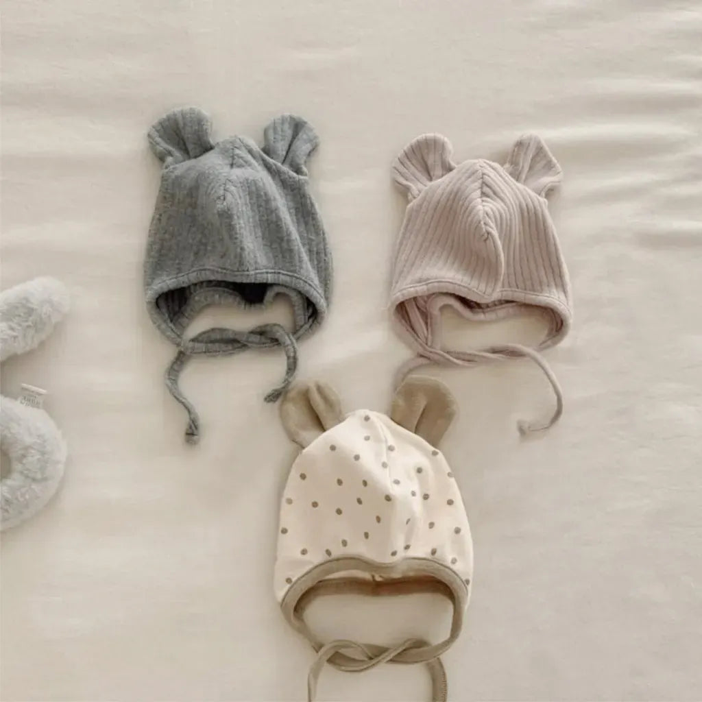 長袖ロンパース リブ編みひざパッチ長袖ロンパース+くま耳帽子 2点セット【mh0011137】