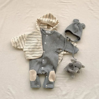 長袖ロンパース リブ編みひざパッチ長袖ロンパース+くま耳帽子 2点セット【mh0011137】