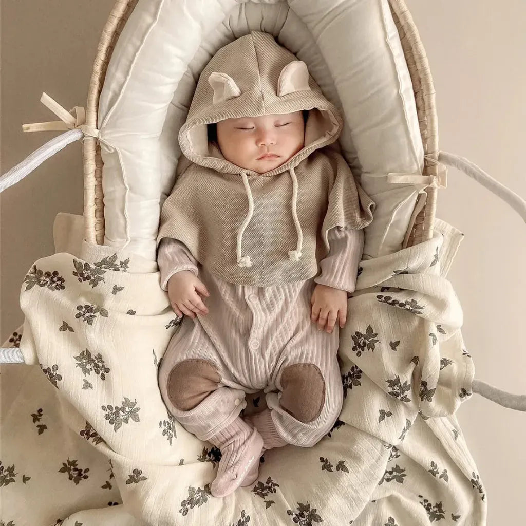 長袖ロンパース リブ編みひざパッチ長袖ロンパース+くま耳帽子 2点セット【mh0011137】