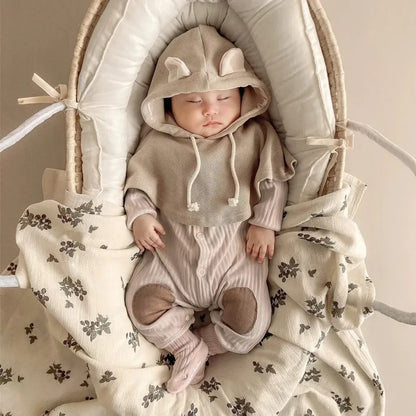 長袖ロンパース リブ編みひざパッチ長袖ロンパース+くま耳帽子 2点セット【mh0011137】