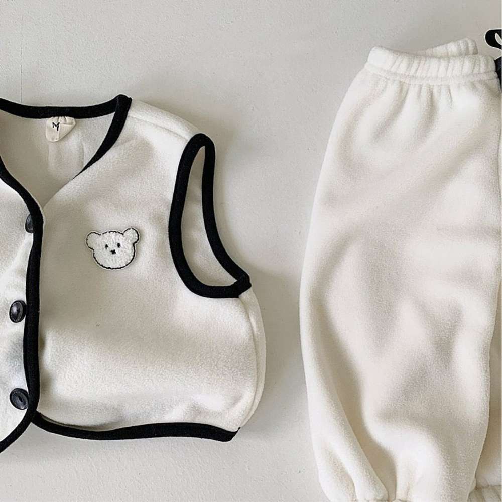 ノースリーブセットアップ ボアベストセットアップ 2点セット | ベアくま刺繍 | パイピングベストパンツ【mh0011496】
