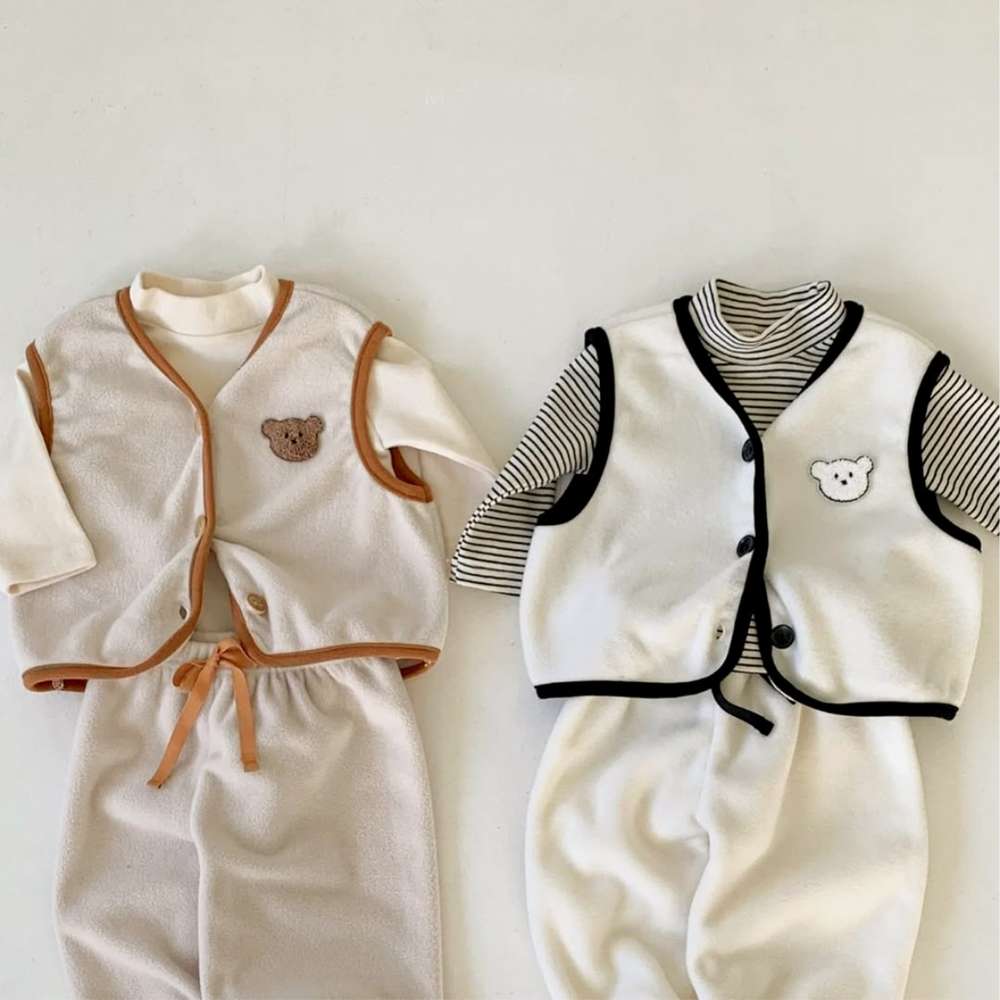 ノースリーブセットアップ ボアベストセットアップ 2点セット | ベアくま刺繍 | パイピングベストパンツ【mh0011496】