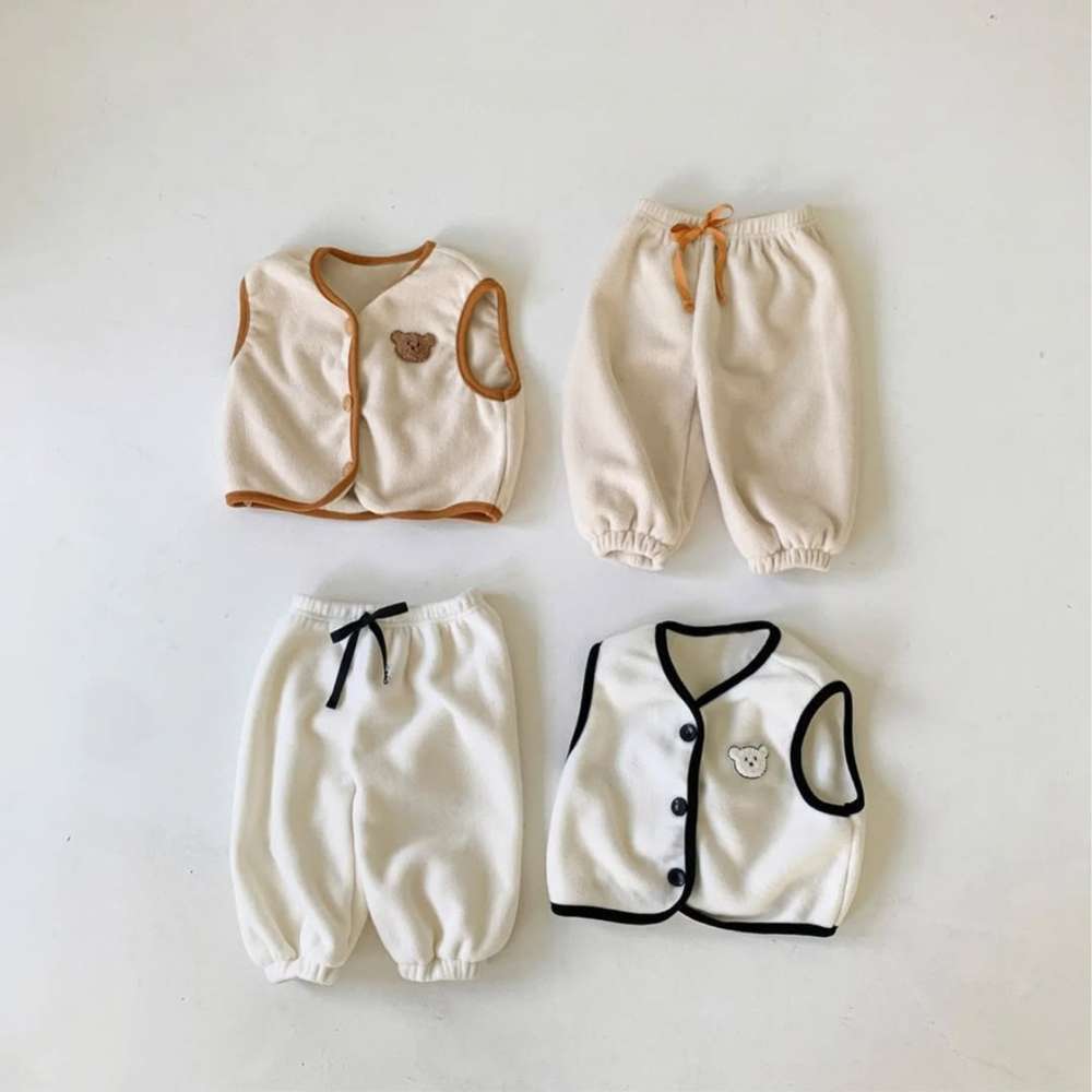 ノースリーブセットアップ ボアベストセットアップ 2点セット | ベアくま刺繍 | パイピングベストパンツ【mh0011496】