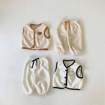 ノースリーブセットアップ ボアベストセットアップ 2点セット | ベアくま刺繍 | パイピングベストパンツ【mh0011496】