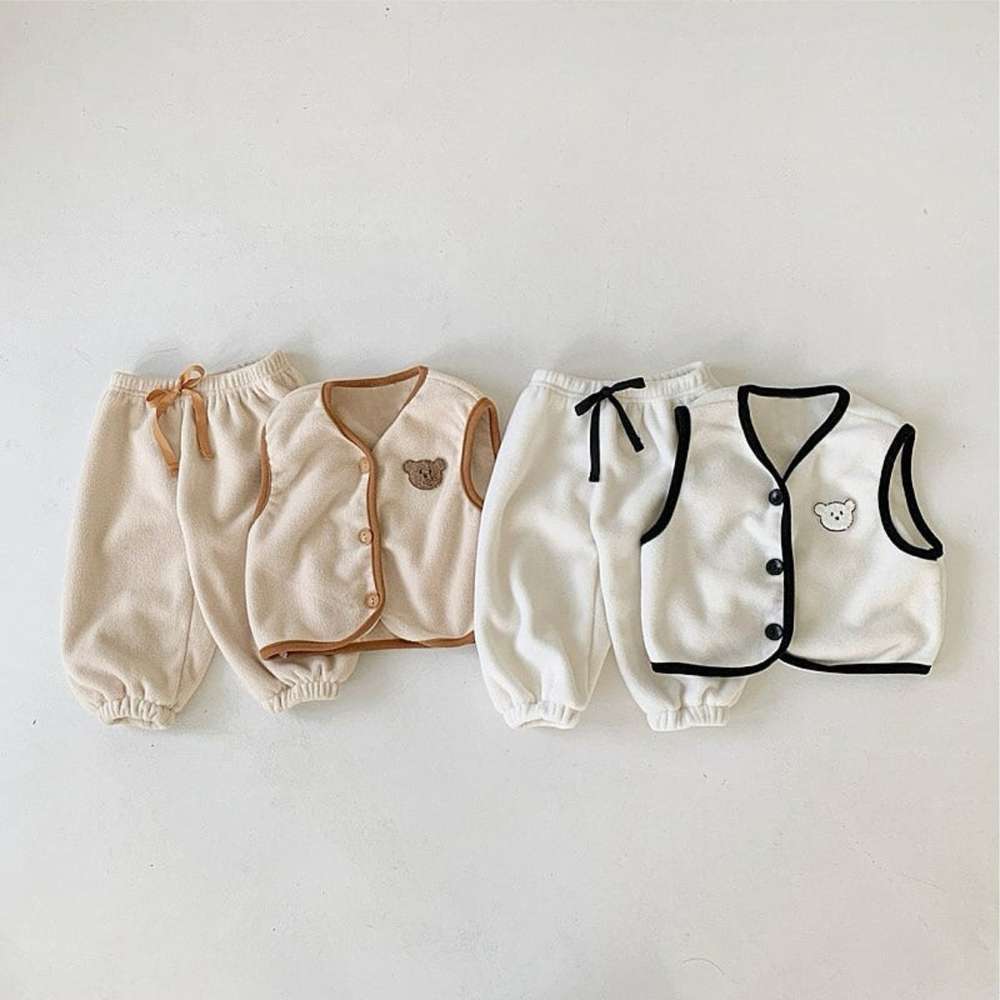 ノースリーブセットアップ ボアベストセットアップ 2点セット | ベアくま刺繍 | パイピングベストパンツ【mh0011496】