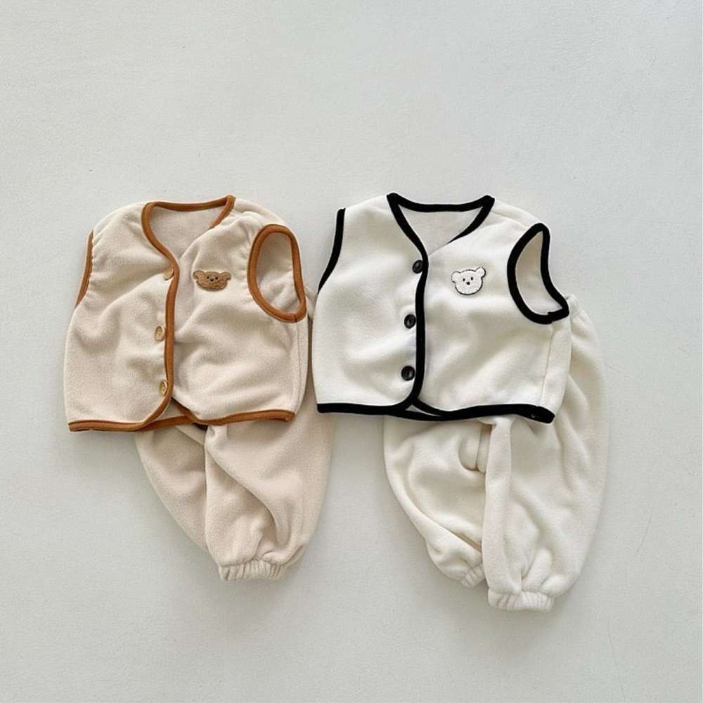 ノースリーブセットアップ ボアベストセットアップ 2点セット | ベアくま刺繍 | パイピングベストパンツ【mh0011496】