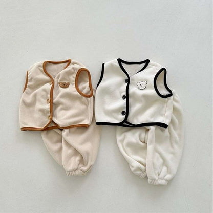 ノースリーブセットアップ ボアベストセットアップ 2点セット | ベアくま刺繍 | パイピングベストパンツ【mh0011496】