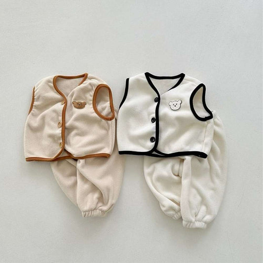 ノースリーブセットアップ ボアベストセットアップ 2点セット | ベアくま刺繍 | パイピングベストパンツ【mh0011496】