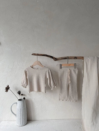 長袖セットアップ ベビーセットアップ 2点セット ワッフル長袖Tシャツ+フリルロングパンツ 2カラー【mh0006800】