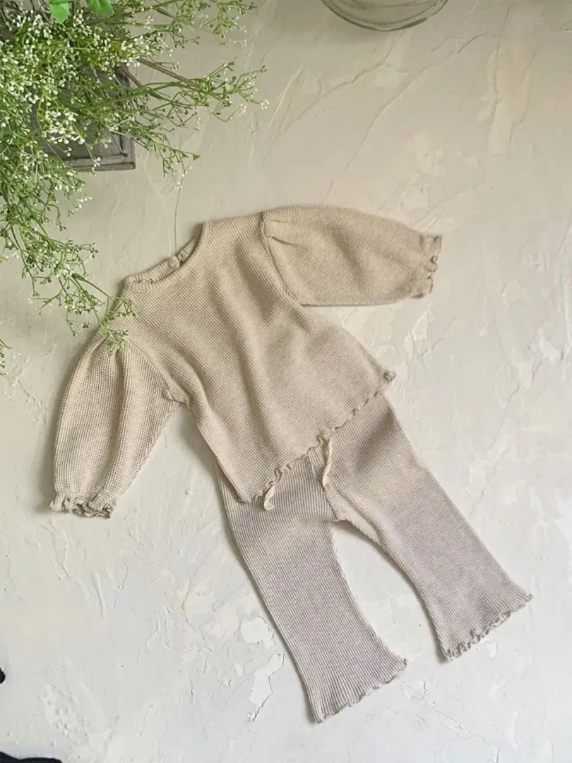 長袖セットアップ ベビーセットアップ 2点セット ワッフル長袖Tシャツ+フリルロングパンツ 2カラー【mh0006800】