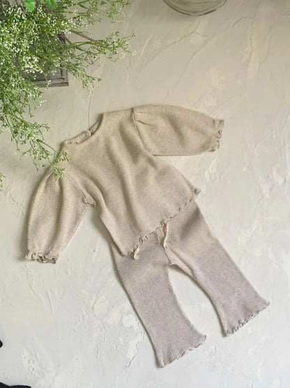 長袖セットアップ ベビーセットアップ 2点セット ワッフル長袖Tシャツ+フリルロングパンツ 2カラー【mh0006800】