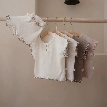 半袖セットアップ ベビーセットアップ 2点セット 半袖フリルTシャツ+フリルショートパンツ シンプルベーシック 3カラー【mh0005467】