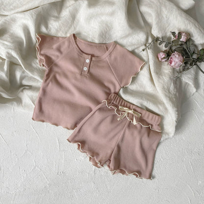半袖セットアップ ベビーセットアップ 2点セット 半袖フリルTシャツ+フリルショートパンツ シンプルベーシック 3カラー【mh0005467】