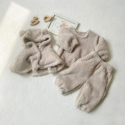 長袖セットアップ ベビーセットアップ 3点セット くま耳フーディケープポンチョ+ボアフリース長袖プルオーバー+ロングパンツ