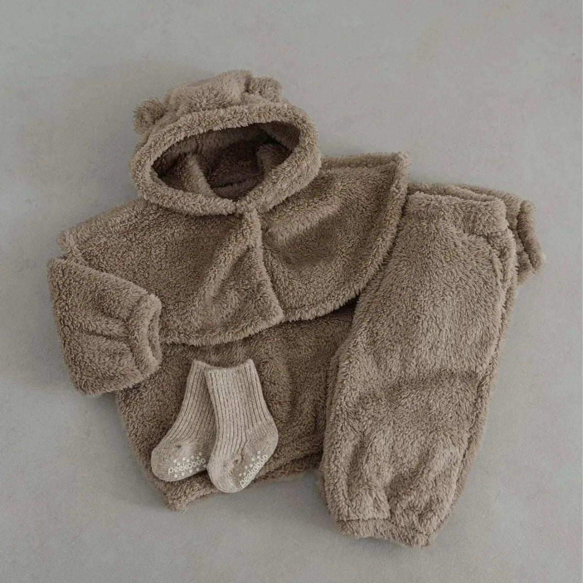 長袖セットアップ ベビーセットアップ 3点セット くま耳フーディケープポンチョ+ボアフリース長袖プルオーバー+ロングパンツ