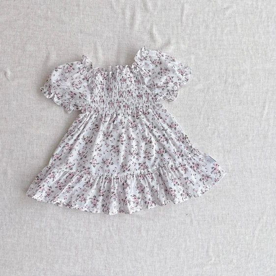 半袖ワンピース ベビーワンピース 半袖パフスリーブ シャーリング サマードレス フラワー花柄プリント 3カラー【mh0005345】