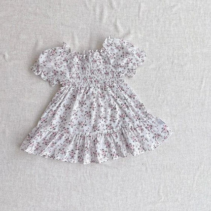 半袖ワンピース ベビーワンピース 半袖パフスリーブ シャーリング サマードレス フラワー花柄プリント 3カラー【mh0005345】
