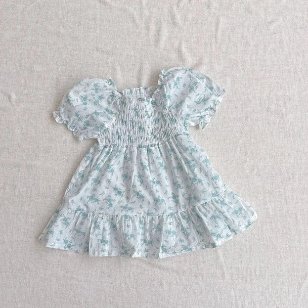 半袖ワンピース ベビーワンピース 半袖パフスリーブ シャーリング サマードレス フラワー花柄プリント 3カラー【mh0005345】