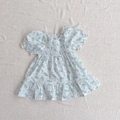 半袖ワンピース ベビーワンピース 半袖パフスリーブ シャーリング サマードレス フラワー花柄プリント 3カラー【mh0005345】