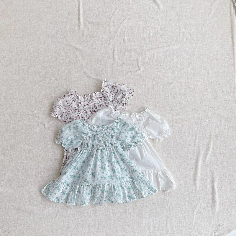 半袖ワンピース ベビーワンピース 半袖パフスリーブ シャーリング サマードレス フラワー花柄プリント 3カラー【mh0005345】