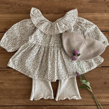 長袖シャツ・ブラウス ベビートップス フラワー小花柄プリントサークルフリル襟長袖パフスリーブチュニックブラウス 3カラー【mh0007082】