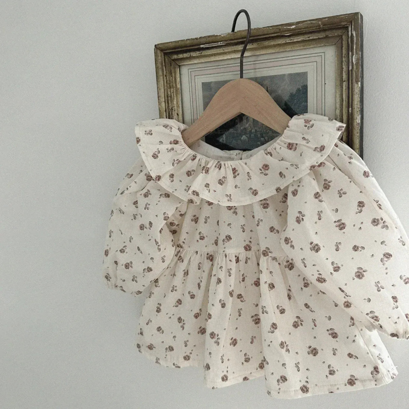 長袖シャツ・ブラウス ベビートップス フラワー小花柄プリントサークルフリル襟長袖パフスリーブチュニックブラウス 3カラー【mh0007082】