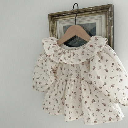 長袖シャツ・ブラウス ベビートップス フラワー小花柄プリントサークルフリル襟長袖パフスリーブチュニックブラウス 3カラー【mh0007082】