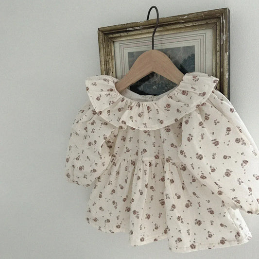 長袖シャツ・ブラウス ベビートップス フラワー小花柄プリントサークルフリル襟長袖パフスリーブチュニックブラウス 3カラー【mh0007082】