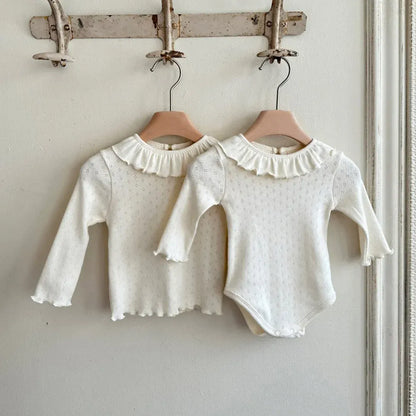 長袖ロンパース ベベビーロンパース ラッフル襟シンプル長袖ボディスーツ 3カラー【mh0007281】