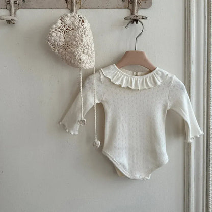 長袖ロンパース ベベビーロンパース ラッフル襟シンプル長袖ボディスーツ 3カラー【mh0007281】