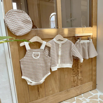 長袖セットアップ ベビーセットアップ 3点セット チェックカーディガンジャケット+フレアスカート+キャスケットベレー帽子【mh0007772】