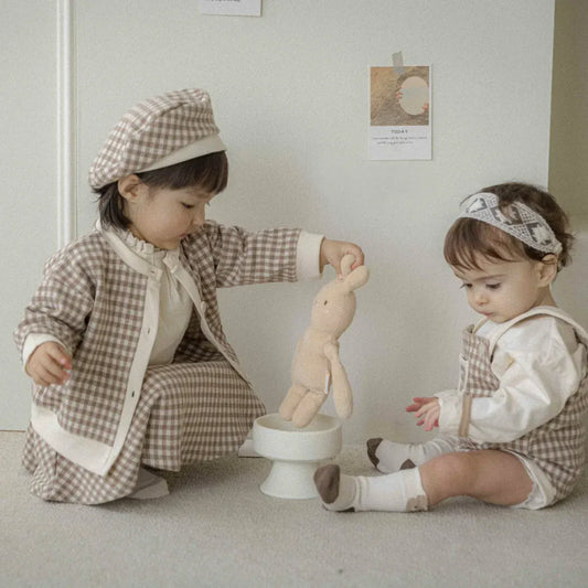 長袖セットアップ ベビーセットアップ 3点セット チェックカーディガンジャケット+フレアスカート+キャスケットベレー帽子【mh0007772】