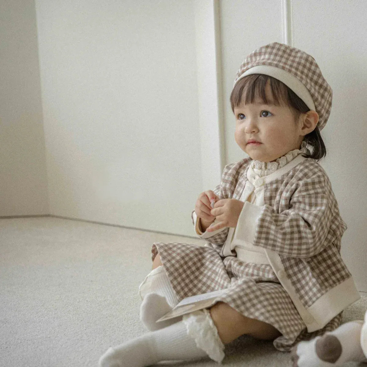 長袖セットアップ ベビーセットアップ 3点セット チェックカーディガンジャケット+フレアスカート+キャスケットベレー帽子【mh0007772】