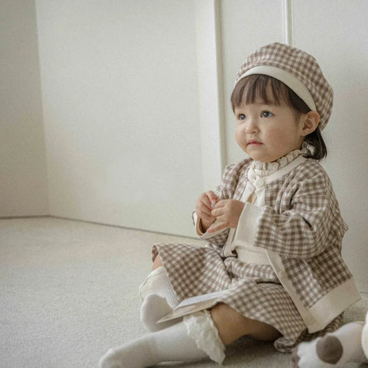 長袖セットアップ ベビーセットアップ 3点セット チェックカーディガンジャケット+フレアスカート+キャスケットベレー帽子【mh0007772】