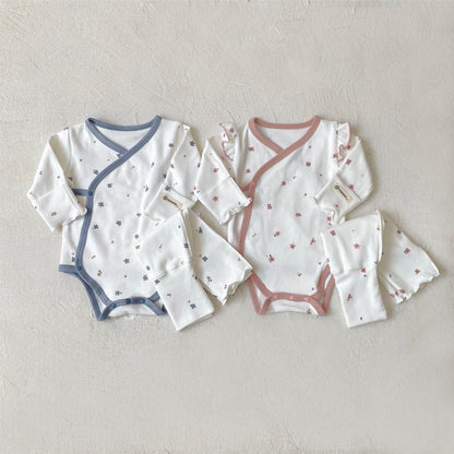 ロンパースセットアップ ベビーセットアップ 3点セット 長袖ボディスーツ+ハイウェストパンツ+フラワーキャップ帽子セット【mh0009026】