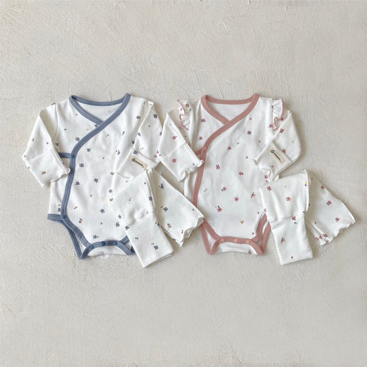 ロンパースセットアップ ベビーセットアップ 3点セット 長袖ボディスーツ+ハイウェストパンツ+フラワーキャップ帽子セット【mh0009026】