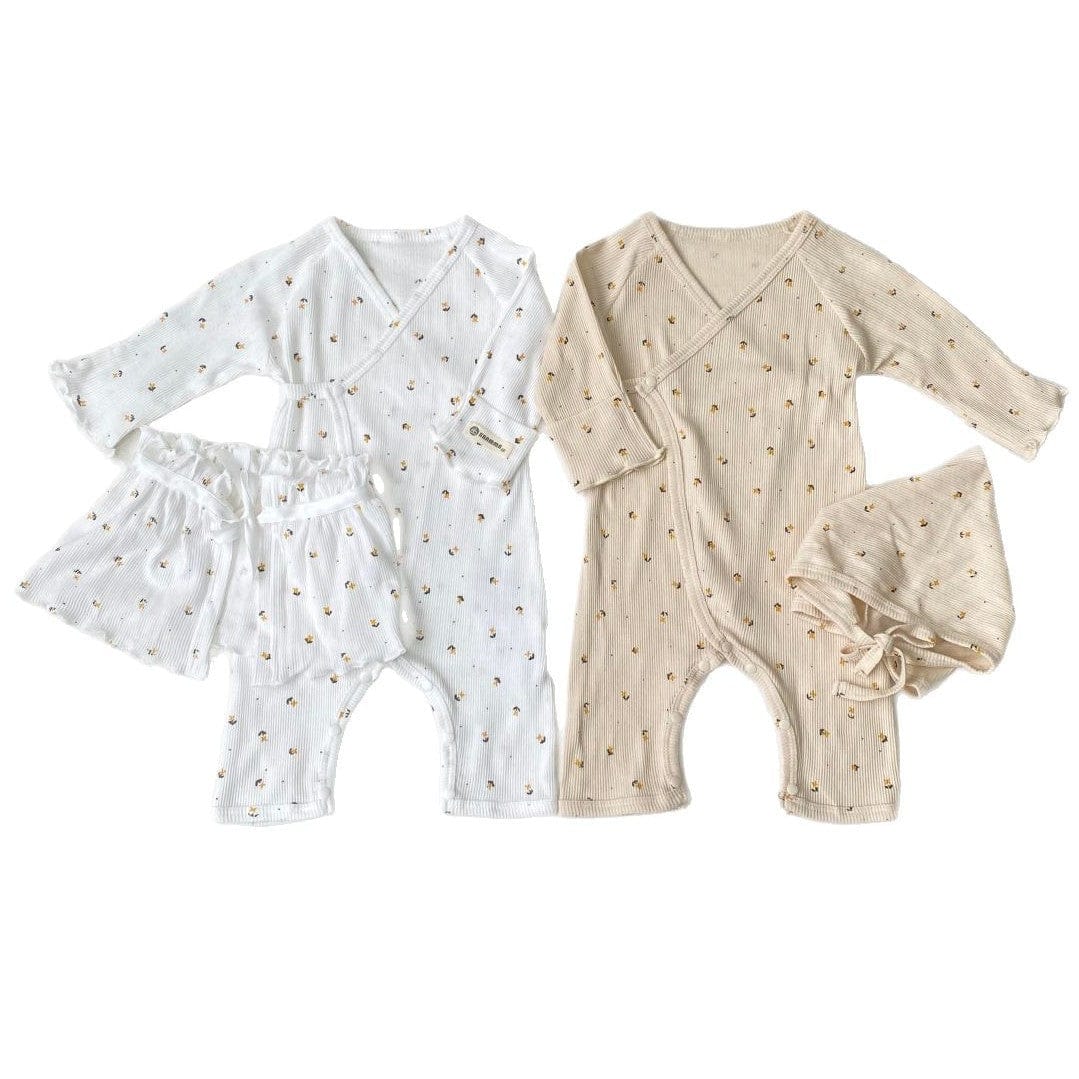 ロンパースセットアップ ベビーセットアップ 3点セット 長袖コンビ肌着+ボンネット帽子+フリルショール【mh0009100】