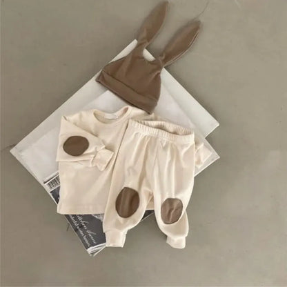 長袖セットアップ うさ耳帽子ワッペン長袖トップス＋パンツセットアップ 3点セット【mh0011124】