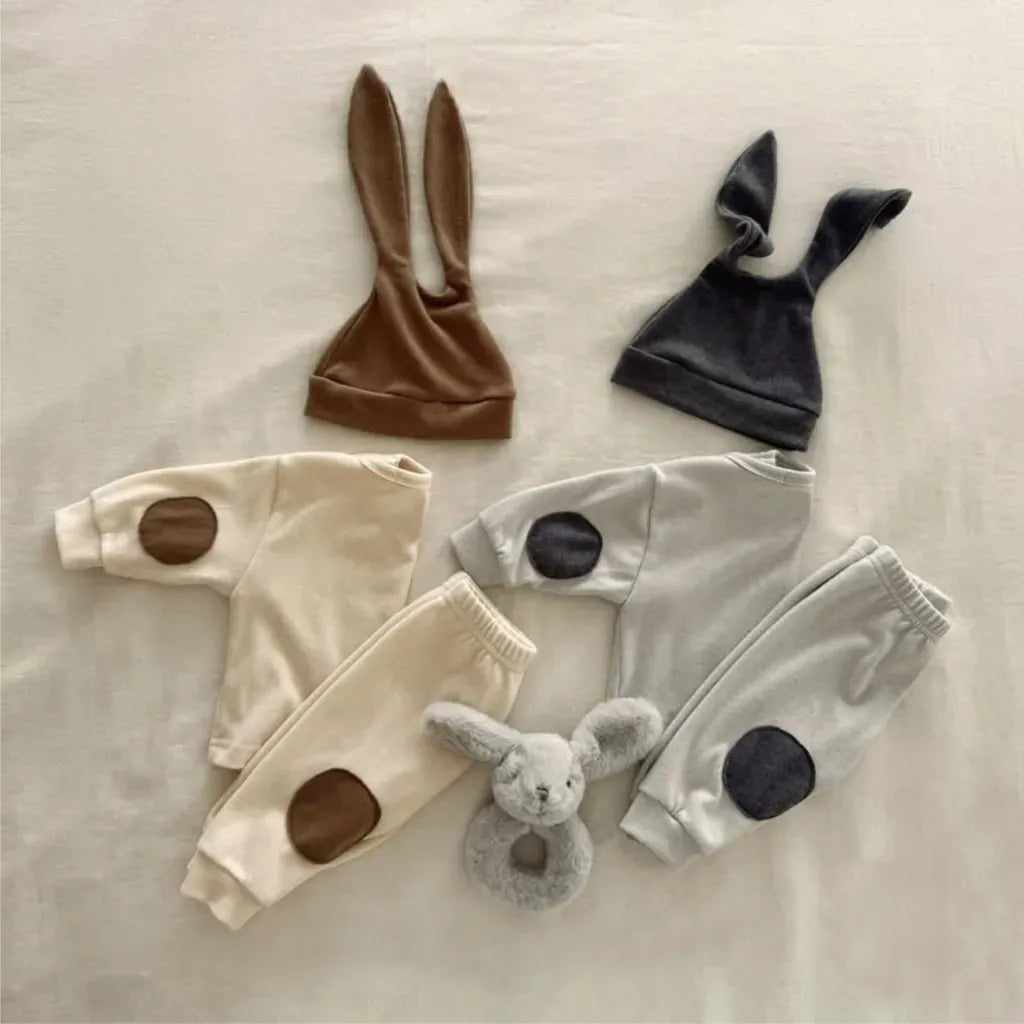 長袖セットアップ うさ耳帽子ワッペン長袖トップス＋パンツセットアップ 3点セット【mh0011124】