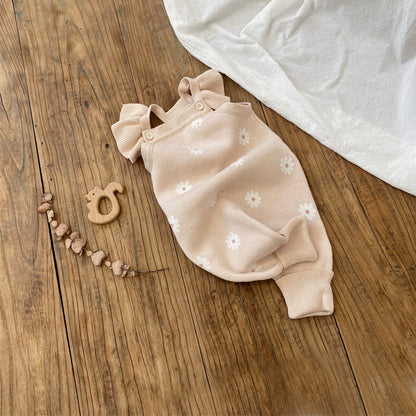 ノースリーブジャンプスーツ 66cm / Apricot pink overhead suit デイジーニットノースリーブロンパース+ニット帽セット 【mh0011130】