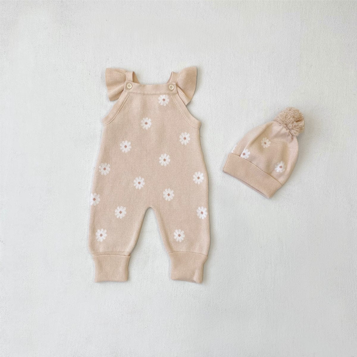 ノースリーブジャンプスーツ 66cm / Apricot Pink Suit (Hayi + Hat) デイジーニットノースリーブロンパース+ニット帽セット 【mh0011130】