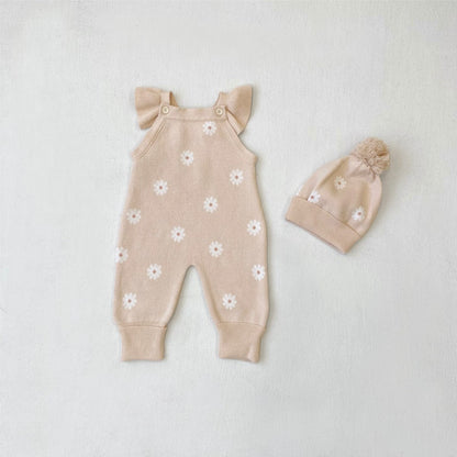 ノースリーブジャンプスーツ 66cm / Apricot Pink Suit (Hayi + Hat) デイジーニットノースリーブロンパース+ニット帽セット 【mh0011130】