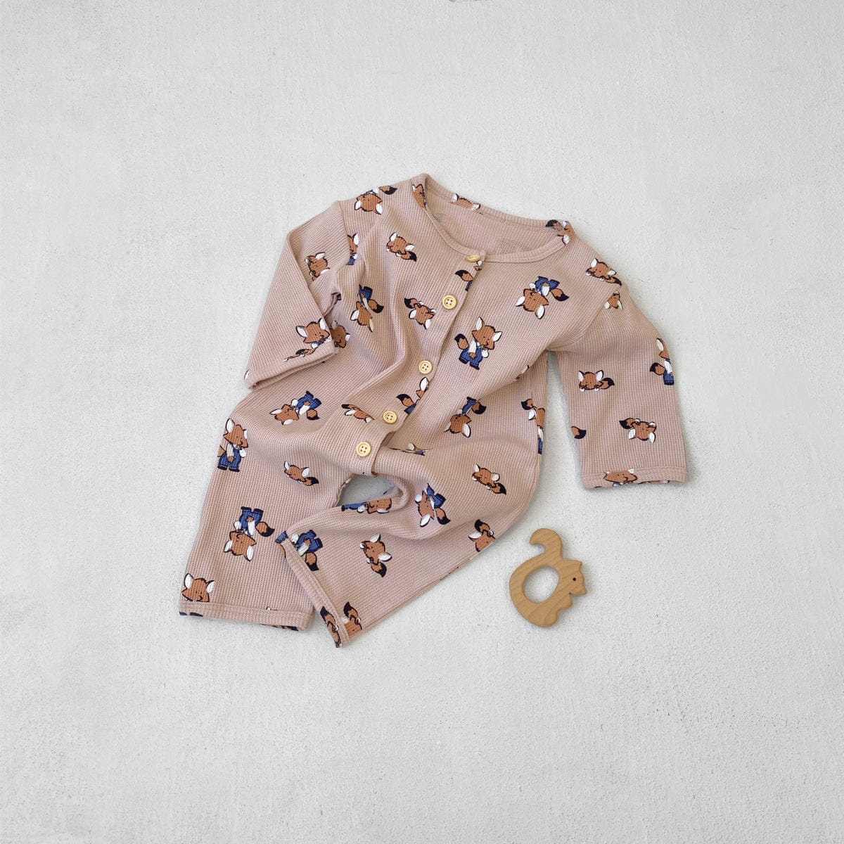 長袖ロンパース 66cm / Gray-pink jumpsuit ワッフルアニマルロンパース+耳つきニット帽セット【mh0011132】