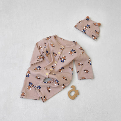 長袖ロンパース 66cm / Off-pink suit (jumpsuit + hat) ワッフルアニマルロンパース+耳つきニット帽セット【mh0011132】