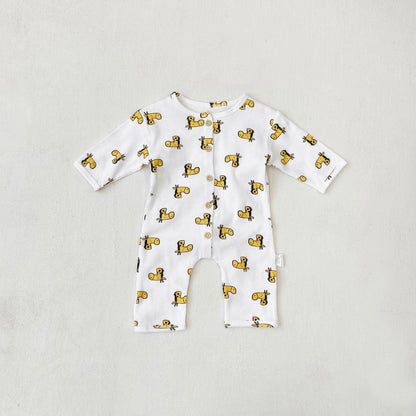 長袖ロンパース 66cm / White jumpsuit ワッフルアニマルロンパース+耳つきニット帽セット【mh0011132】