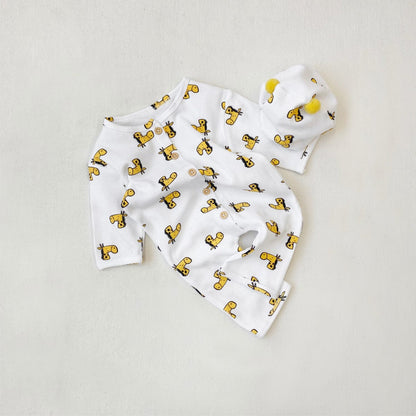 長袖ロンパース 66cm / White Suit (Jumpsuit + Hat) ワッフルアニマルロンパース+耳つきニット帽セット【mh0011132】