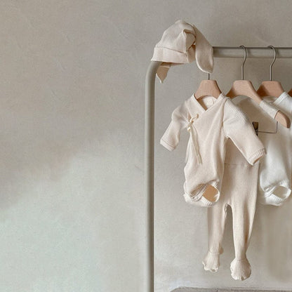 ロンパースセットアップ Apricot 3-piece set (jumpsuit + pants + hat) / 66cm 長袖ベビー肌着ロンパース+足付きレギンスパンツ+うさ耳帽子セット【mh0010599】