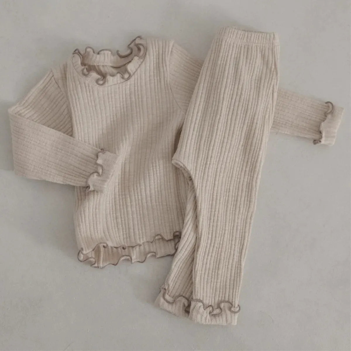 長袖セットアップ Apricot / 66cm 0-6m ベビーセットアップ 2点セット プリーツ加工フリル長袖Tシャツ+プリーツ加工ロングパンツ 5カラー【mh0007089】